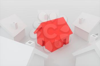 A small red house model surrounded by the white houses, 3d rendering. Computer digital drawing.