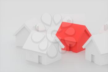 A small red house model surrounded by the white houses, 3d rendering. Computer digital drawing.