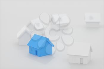 A small blue house model beside the white houses, 3d rendering. Computer digital drawing.