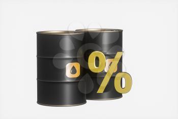 Oil barrel and percentage with white background,3d rendering. Computer digital drawing.