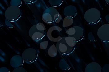 Polished cylinders with dark background,3d rendering. Computer digital drawing.