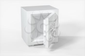 Mechanical safe, white box model with white background, 3d rendering. Computer digital drawing.
