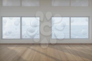 Spheres floating on the sea,empty room,abstract conception,3d rendering. Computer digital drawing.