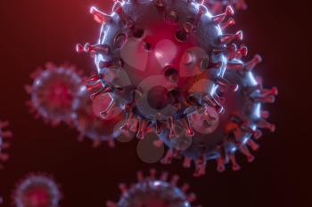 Dispersed corona viruses with dark background, 3d rendering. Computer digital drawing.