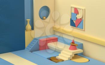 Room filled with creative geometrical shapes, 3d rendering. Computer digital drawing.