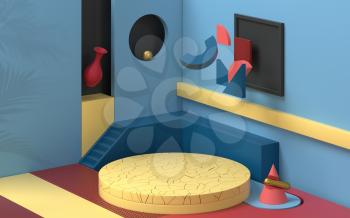 Podium in a room filled with creative geometrical shapes, 3d rendering. Computer digital drawing.
