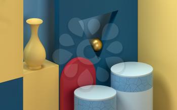 Podium in a room filled with creative geometrical shapes, 3d rendering. Computer digital drawing.