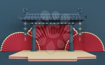 Empty marketing stage, Chinese style, 3d rendering. Translation: blessing. Computer digital drawing.
