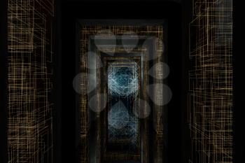 Dark tunnel with golden circuit lines, 3d rendering. Computer digital drawing.