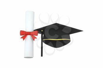 Graduate hat with diploma aside on white background, 3d rendering. Computer digital drawing.