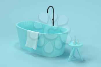 Cartoon bathtub with blue background, 3d rendering. Computer digital drawing.