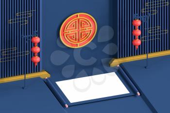 Blank Chinese ancient reel with festive background, 3d rendering. Computer digital drawing.