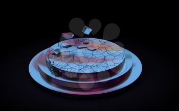 Empty cracked metal product platform with neon light, 3d rendering. Computer digital drawing.