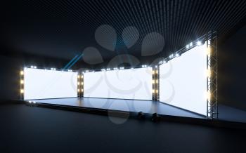Exposition stage with blank billboard, 3d rendering. Computer digital drawing.
