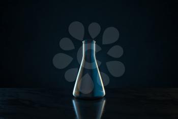 Chemistry glassware with dark background, 3d rendering. Computer digital drawing.