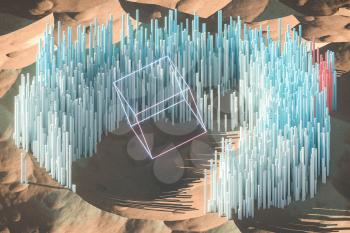 Scatter 3d cube materials on mountains terrain, 3d rendering. Computer digital drawing.