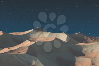 Mountain peaks at night, mountains terrain, 3d rendering. Computer digital drawing.