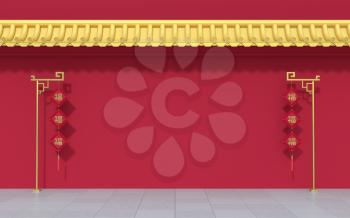 Chinese palace walls, red walls and golden tiles, 3d rendering. Translation: 'blessing'. Computer digital drawing.
