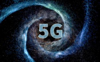 5G font with universe background, 3d rendering. Computer digital drawing.