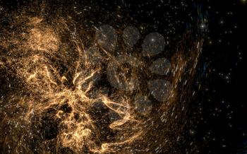 Glowing particles with wavy pattern, magical galaxy, 3d rendering. Computer digital drawing.
