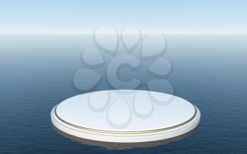 Round platform floating on the water surface, 3d rendering. Computer digital drawing.