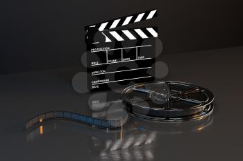 Clapper board and film tape with dark background, 3d rendering. Computer digital drawing.