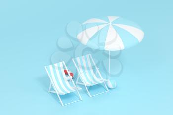 Sunshade, beach chair with blue background, 3d rendering. Computer digital drawing.