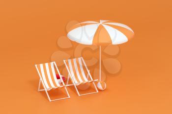 Sunshade, beach chair with orange background, 3d rendering. Computer digital drawing.
