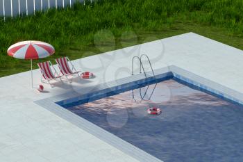 A swimming pool on a clear day, 3d rendering. Computer digital drawing.