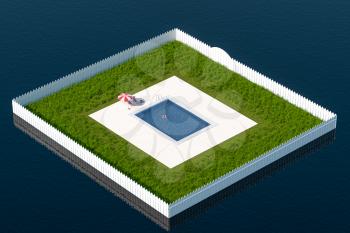 A square swimming pool on the sea, 3d rendering. Computer digital drawing.
