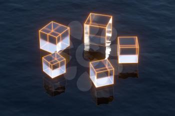 Floating transparent cubes over the ocean, 3d rendering. Computer digital drawing.
