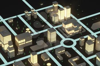 Downtown building at night, simulation city, 3d rendering. Computer digital drawing.