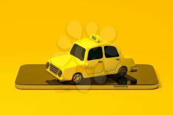 Mini 3D taxi, mini car with a mobile phone, 3d rendering. Computer digital drawing.
