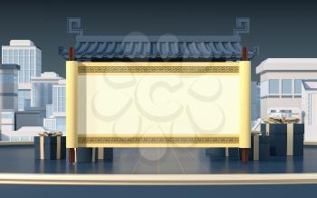 White blank with Chinese style background, 3d rendering. Computer digital drawing.