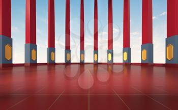 Red pillars and floor, chinese style, 3d rendering. Computer digital drawing.