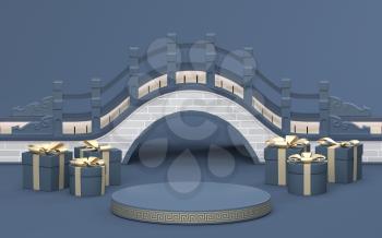 Chinese style bridge with blue background, 3d rendering, Computer digital drawing,