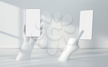 Hand and mobile with white background, 3d rendering. Computer digital drawing.