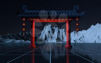 Chinese gate with snow mountains background, translating blessing, 3d rendering. Computer digital drawing.