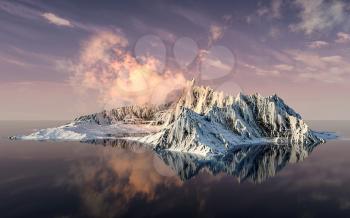 Snowy mountains with sunset background, 3d rendering. Computer digital drawing.