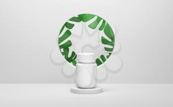 Monstera plants and medical bottle, 3d rendering. Computer digital drawing.