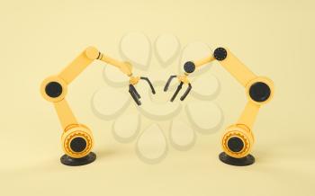 Mechanical arm with yellow background, 3d rendering. Computer digital drawing.
