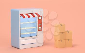 Empty vending machine and boxes with pink background, 3d rendering. Computer digital drawing.