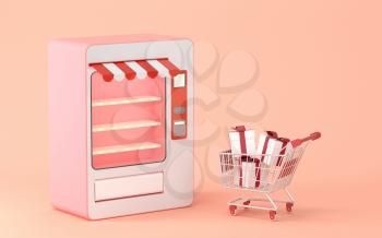 Empty vending machine and presents with pink background, 3d rendering. Computer digital drawing.