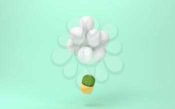 Balloons and cactus with green background, 3d rendering. Computer digital drawing.