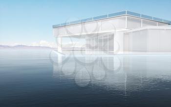 The modern concept architecture on the water, 3d rendering. Computer digital drawing.