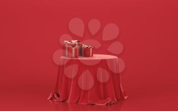 The presents were laid on the tablecloth table, 3d rendering. Computer digital drawing.