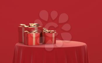 The presents were laid on the tablecloth table, 3d rendering. Computer digital drawing.