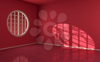 An empty room with round window, 3d rendering. Computer digital drawing.