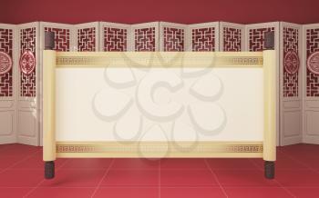 Chinese style room and empty blank, 3d rendering. Computer digital drawing.