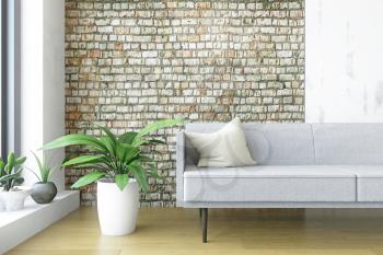 Modern Interior Room with a Sofa and several Plants near the Big Window, Old Dirty Brick Wall with Wooden Floor, Minimalistic Stylish Decor, Fashion Conceptual Style, 3D Rendering Graphic Design